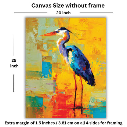 Painting of a heron on a colorful abstract background with dimensions indicated.