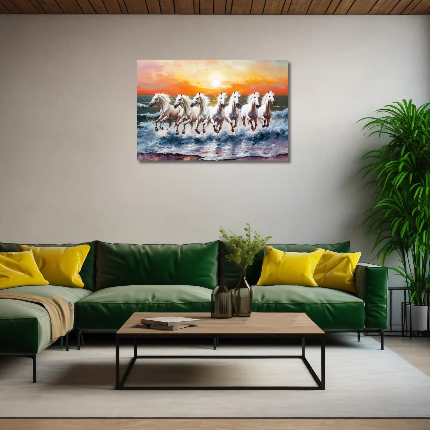7 white horses running painting