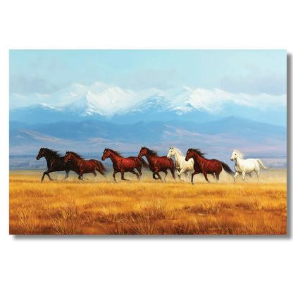 7 Horses running in a field with mountains in the background