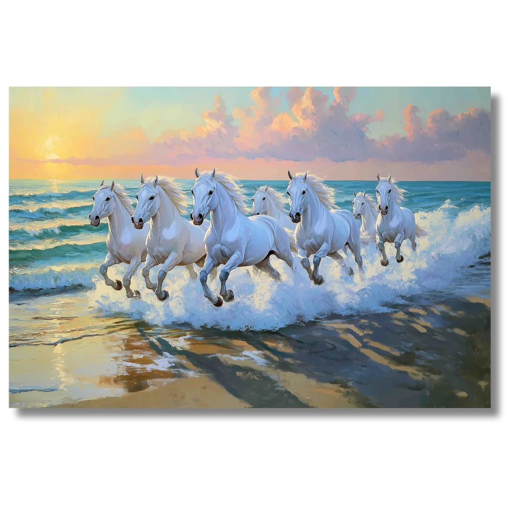 Seven white running horse painting canvas