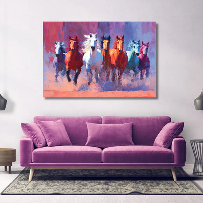 Colorful painting of horses running above a purple sofa in a room.