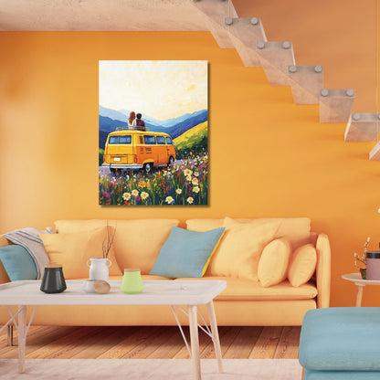 canvas wall painting of couple on van 