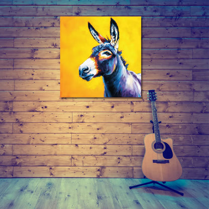 Colorful painting of a donkey on a wooden wall with a guitar below.