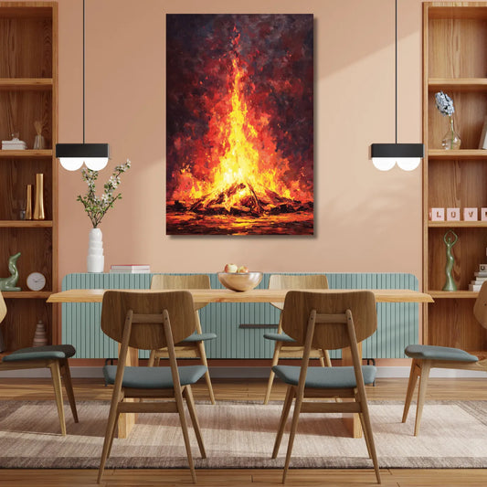 Dining room with a large abstract painting of fire/flames on the wall.