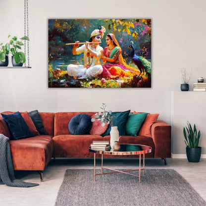 Living room with a large painting of Radha Krishna on the wall above a red sofa.