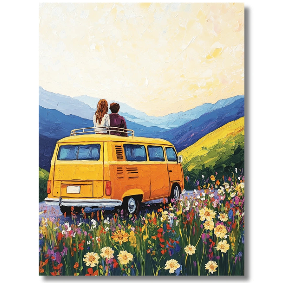 Romantic couple canvas painting on vintage van