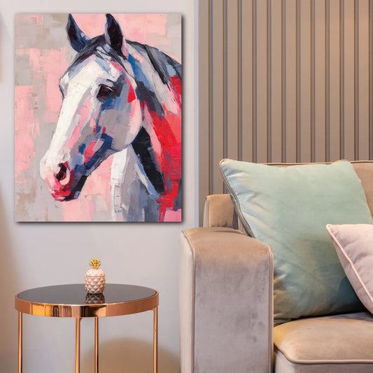Colorful abstract horse painting on a wall above a sofa with decorative pillows.