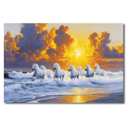White horses running on a beach with a dramatic sunset sky