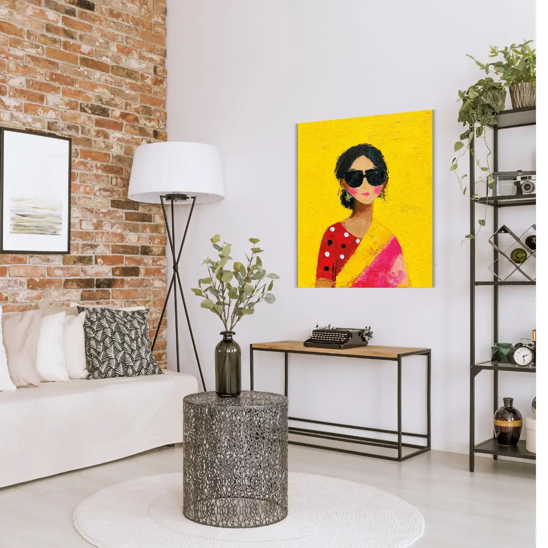 Living room with a painting of a woman in a yellow background, a lamp, and a sofa.