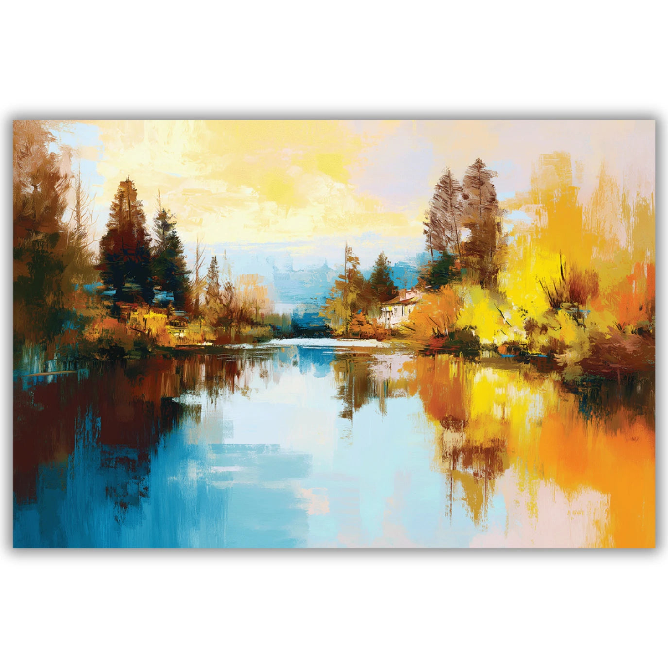 Painting of a serene landscape with trees, water
