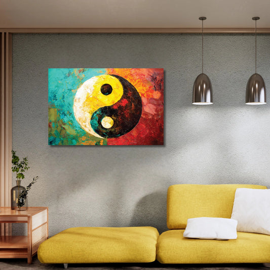 Colorful abstract painting of a yin yang symbol on a wall above a yellow sofa.