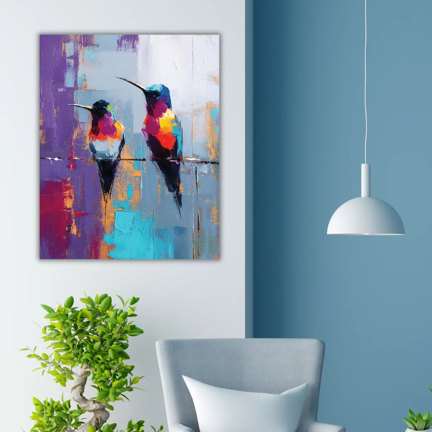 Colorful abstract painting of birds on a wall