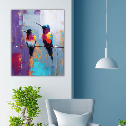 Colorful abstract painting of birds on a wall