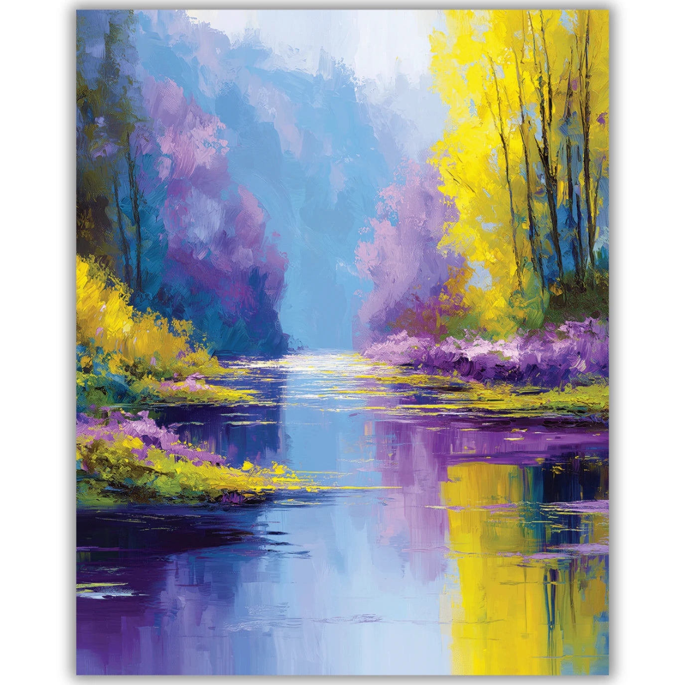 Colorful painting of a landscape with trees and water