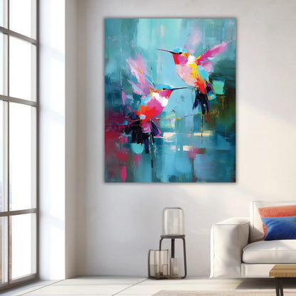 Colorful abstract painting of hummingbirds on a wall in a modern living room.