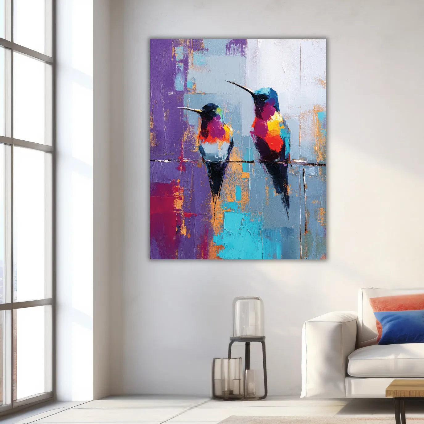 Colorful abstract painting of two birds on a wall in a modern living room.