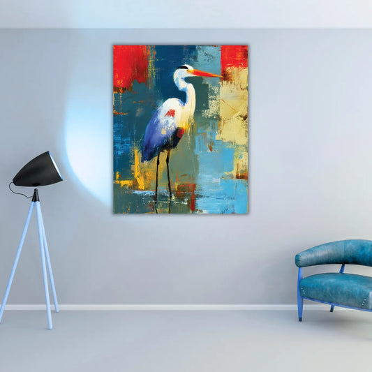 Abstract painting of a heron on a wall in a room with a lamp and chair.
