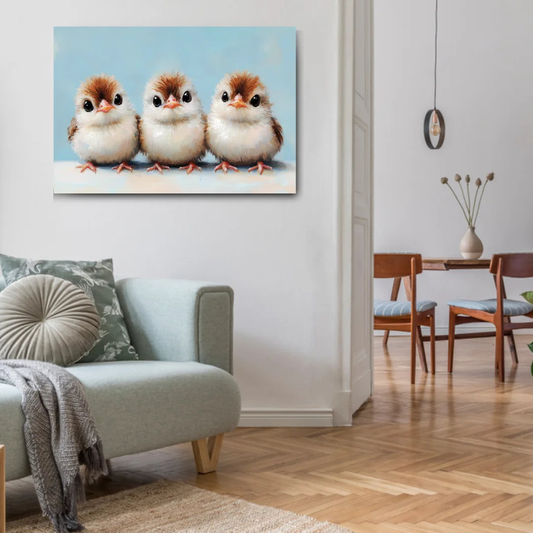 Three Cute Bird Painting on Canvas for Wall Art Decoration