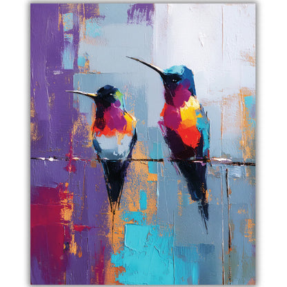Abstract painting of two colorful hummingbirds 