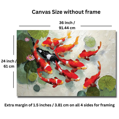 Canvas size chart with koi fish painting dimensions and margin details.