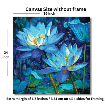 Canvas size without frame with blue lotus flower painting, dimensions 36x24 inches, extra margin for framing.