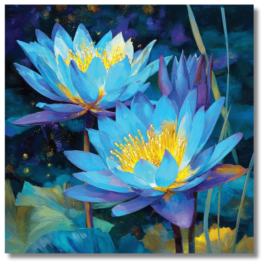 Colorful painting of lotus flowers with blue and purple petals and yellow centers.