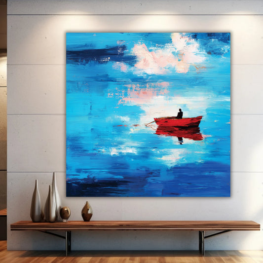 Abstract painting of a red boat on a blue sea 