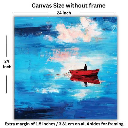 Painting of a red boat on water with a blue sky, showing the canvas size without frame.