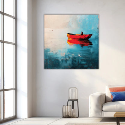Painting of a red boat on a blue background in a living room setting.