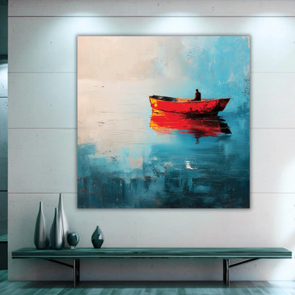 Abstract painting of a red boat on a blue background. 