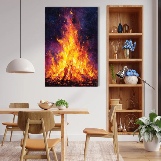 Dining room with a large abstract fire painting on the wall, wooden table, chairs, and a bookshelf.