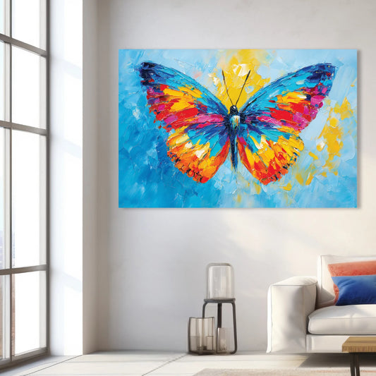Colorful butterfly painting on a wall in a modern living room.