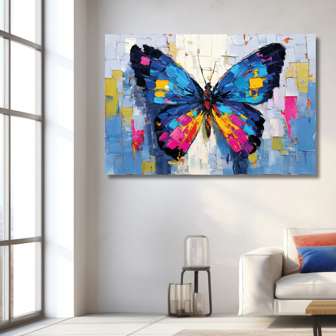 butterfly painting on a wall in a living room