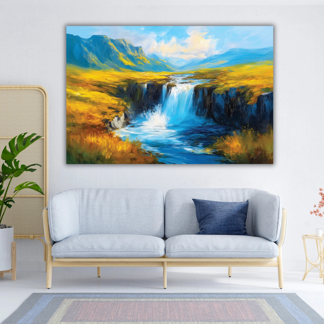 Painting of a mountain landscape with a waterfall living room.
