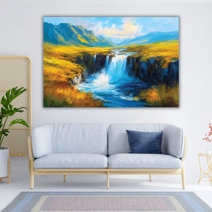 Painting of a mountain landscape with a waterfall living room.