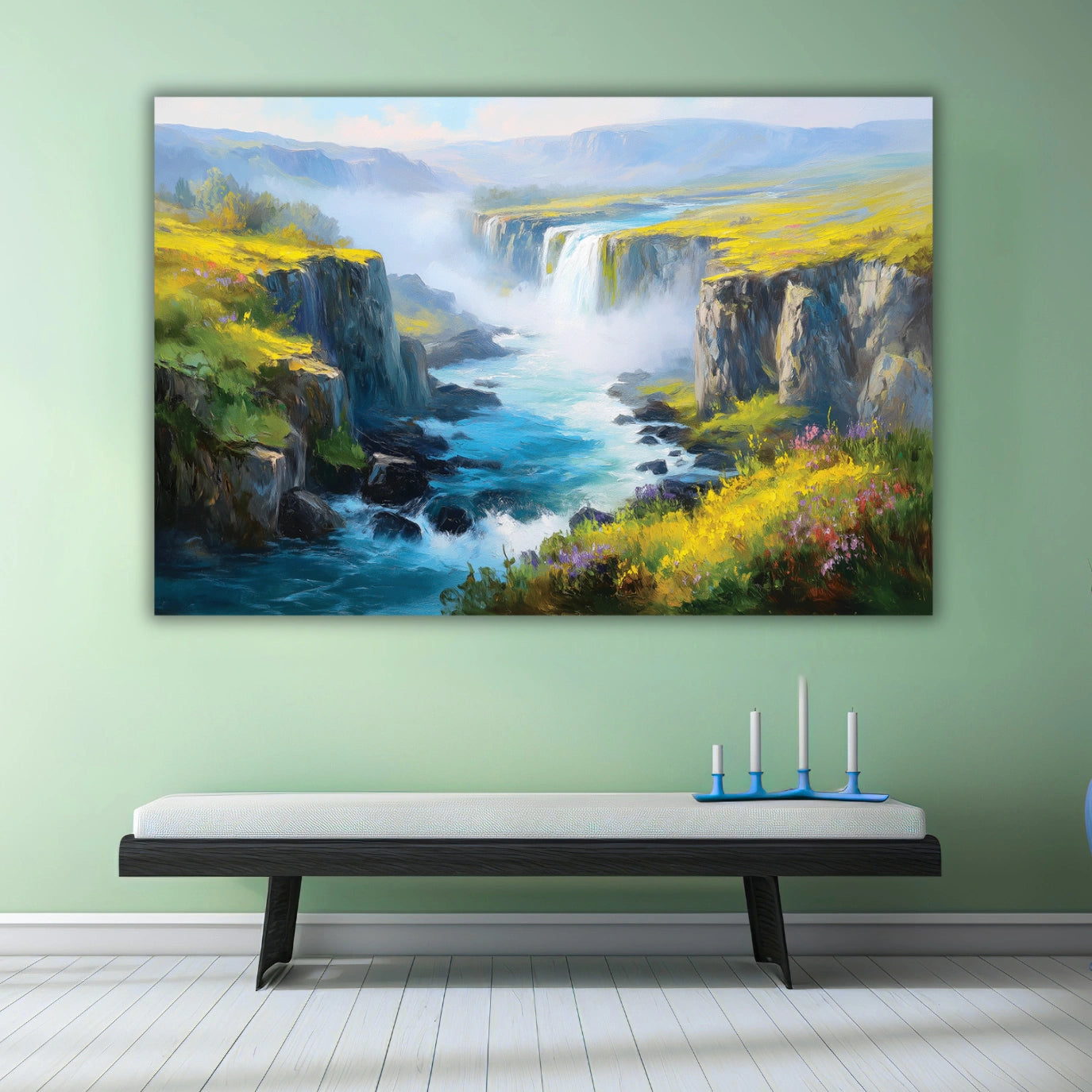 landscape painting of a waterfall 