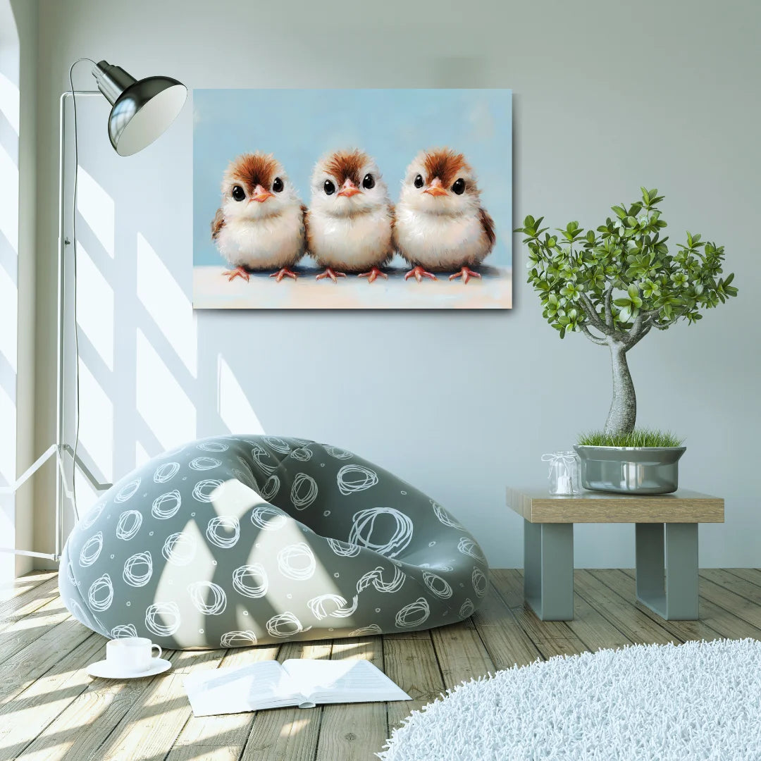 Three Cute Bird Painting on Canvas for Wall Art Decoration