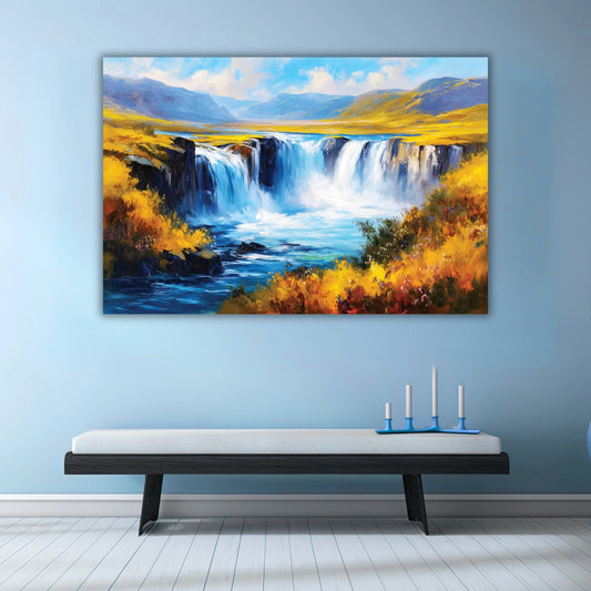 Painting of a waterfall scene on a wall 