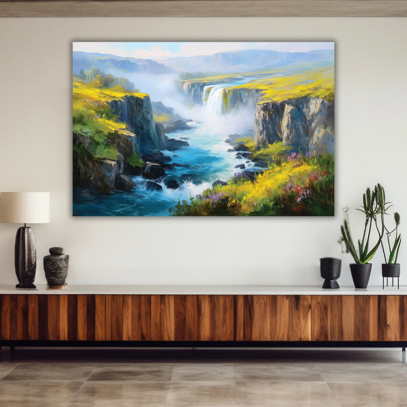 Landscape painting of a waterfall 