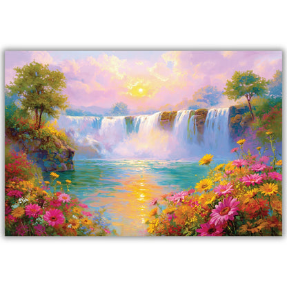 Scenic painting of a waterfall with flowers and trees