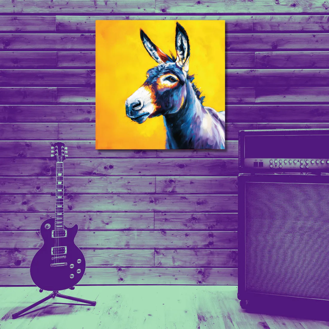 Colorful painting of a donkey on a purple wall with a guitar and amplifier below.
