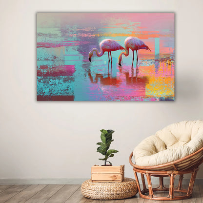 Abstract painting of flamingos on a wall