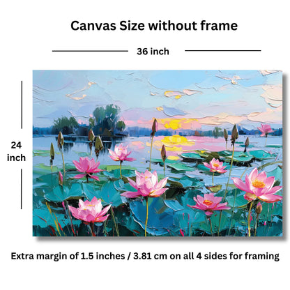 Canvas size without frame with dimensions and additional margin information about lotus flower painting.