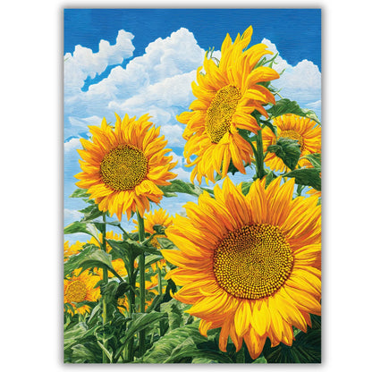 Painting of sunflowers against a blue sky with white clouds
