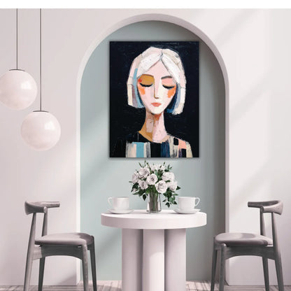 Modern interior with a painting of a woman's face on the wall / girl painting above a small table with flowers and cups.