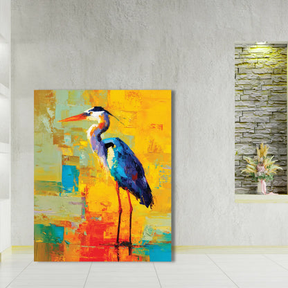 Colorful painting of a heron on a textured wall