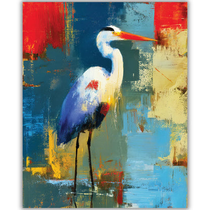 Abstract painting of a heron with a colorful background