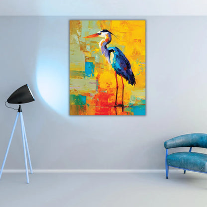 Colorful abstract painting of a bird on a wall in a room with a lamp and chair.