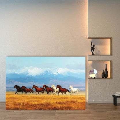 Canvas print of horses running in a field on a wall next to shelves with decorative items.