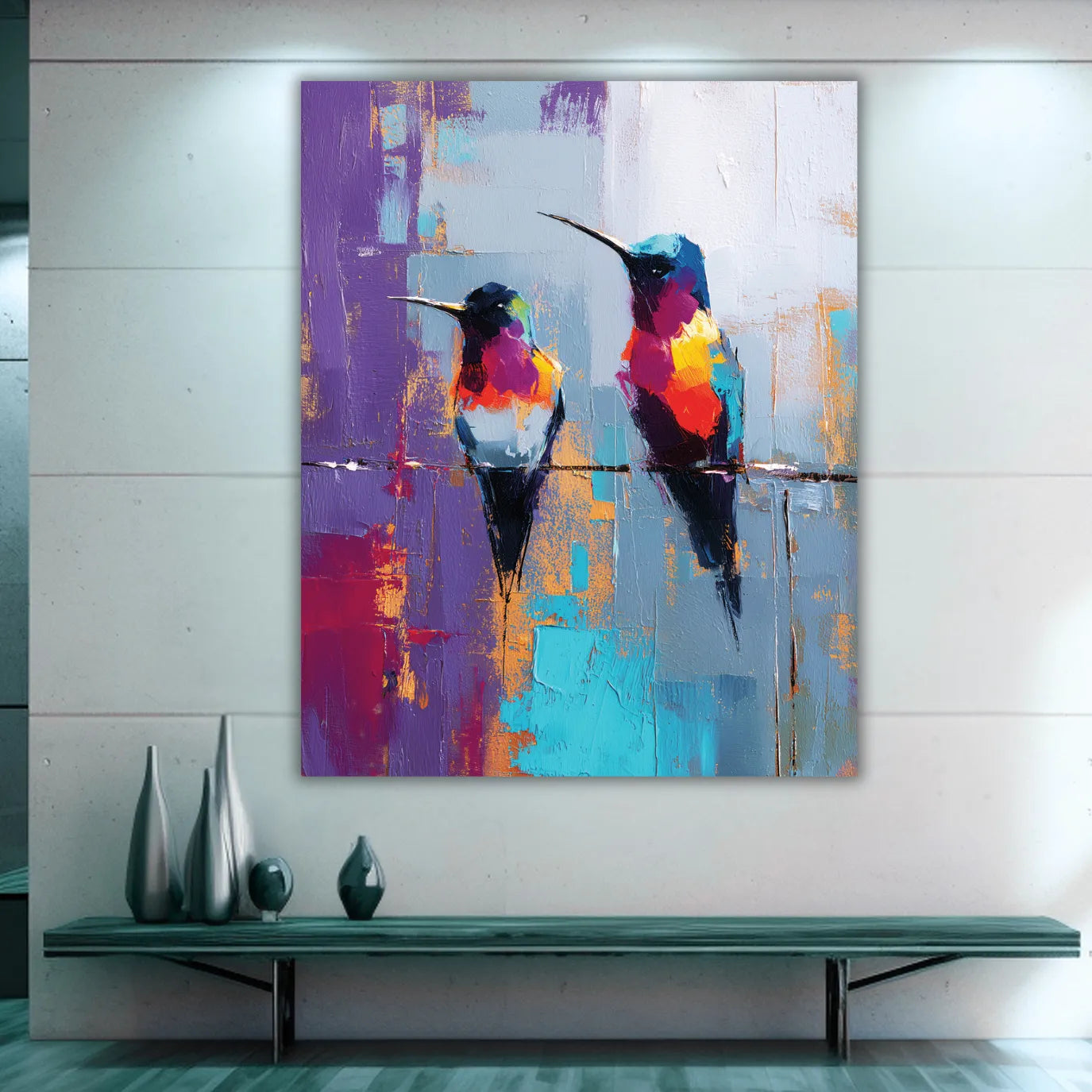 Abstract painting of two colorful birds on a wall above a console table with decorative vases.